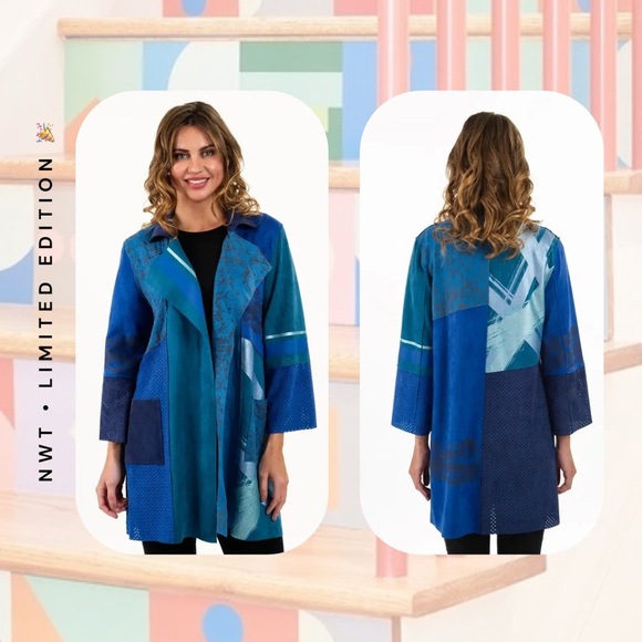 🌀🆕🎉🏷️ shades of blue abstract mixed media open over coat jacket - Picture 3 of 16